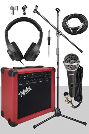 Midex MGA-25RD-PAK Elektro Gitar Amfisi 25 Watt USB Bluetooth ve Şarjlı (Amfi Mikrofon Stand Kulaklık Jack Kablo)